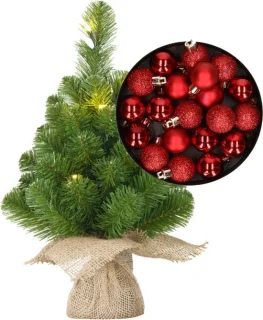 Mini kunst kerstboom rood 45 cm met verlichting en kerstsfeer