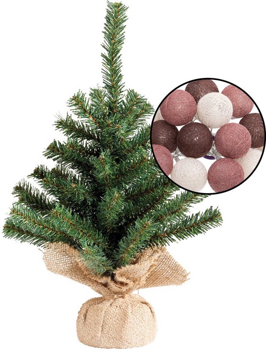 Mini kunstboompje groen H45 cm met lichtsnoer bollen rood