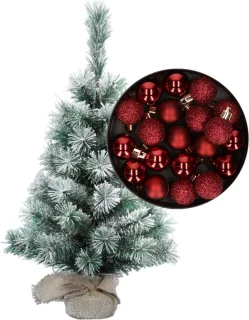 Mini kunstkerstboom 35 cm donkerrood met kerstballen