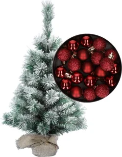 Mini kunstkerstboom 35 cm donkerrood met kerstballen