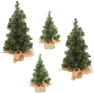 Mini kunstkerstboom – 4 stuks – 20 cm/30 cm – in jute zak – PVC