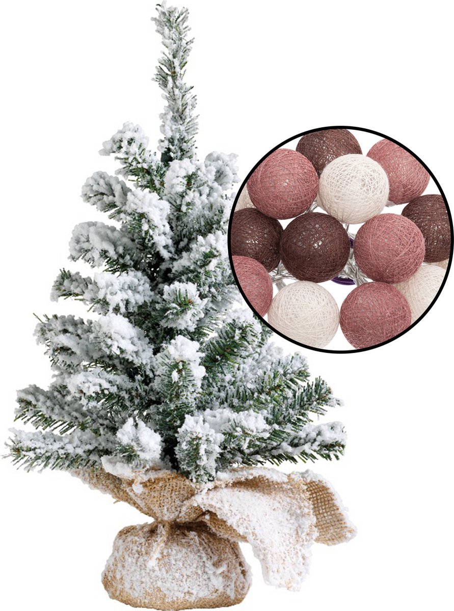 Mini kunstkerstboom besneeuwd H45 cm met rood lichtsnoer