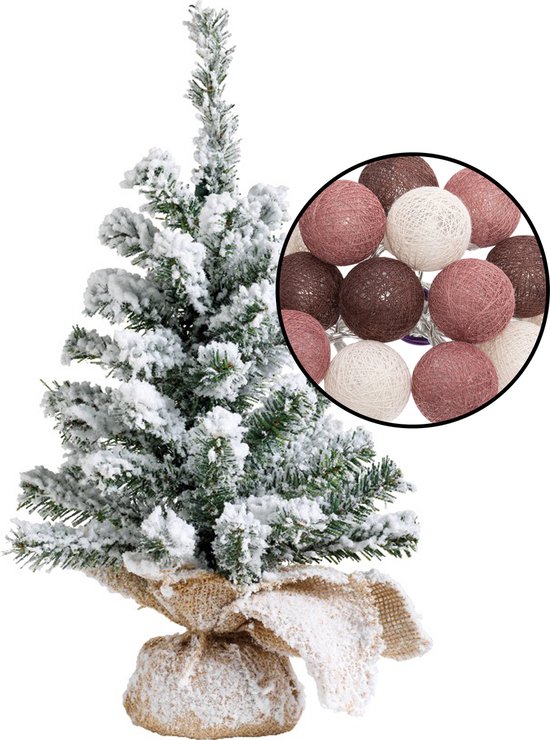 Mini kunstkerstboom besneeuwd H45 cm met rood lichtsnoer