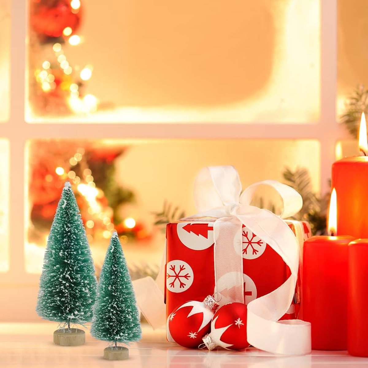 Mini-kunstkerstboom dennenboom met houten sokkel 24 stuks