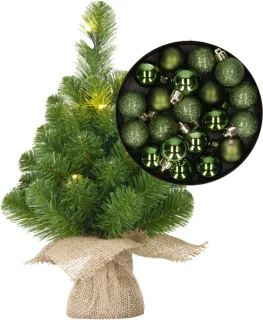 Mini Kunstkerstboom H45 cm Groen - Met Verlichting en Kerstballen