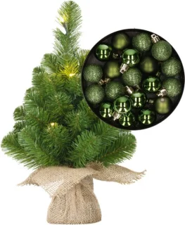 Mini Kunstkerstboom H45 cm Groen - Met Verlichting en Kerstballen