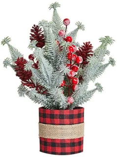 Mini kunstkerstboom met dennenappels en rode bessen
