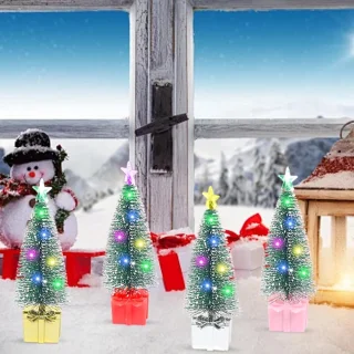 Mini kunstkerstboom met verlichting, multicolor, 17 cm, set van 4