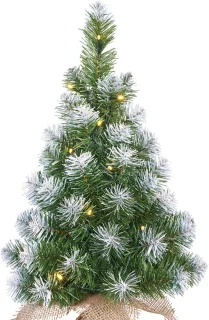 Miniboompje Kunst kerstboom 60 cm jute zak verlichting sneeuw