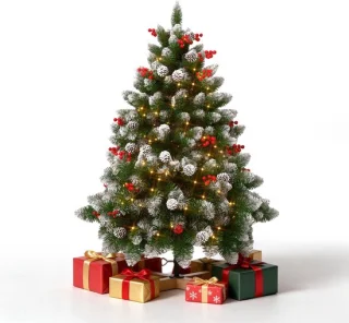 NAIZY kunstkerstboom 150 cm met sneeuw, dennenappels en rode bessen