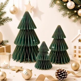 Papieren kerstboom groen set van 3 stuks