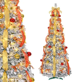 Pop-up kerstboom NAIZY rood en goud met sneeuw, 180 cm