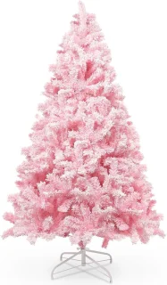Roze bevlokte kerstboom 180 cm met sneeuwvlokken en stabiele basis
