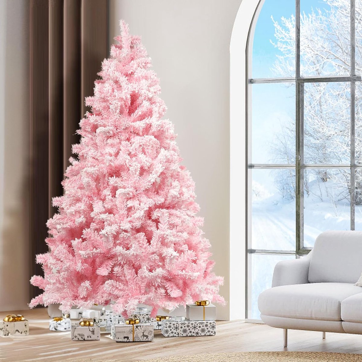 Roze bevlokte kerstboom 180 cm met sneeuwvlokken en stabiele basis