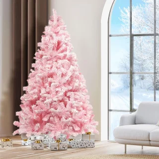 Roze bevlokte kerstboom 180 cm met sneeuwvlokken en stabiele basis