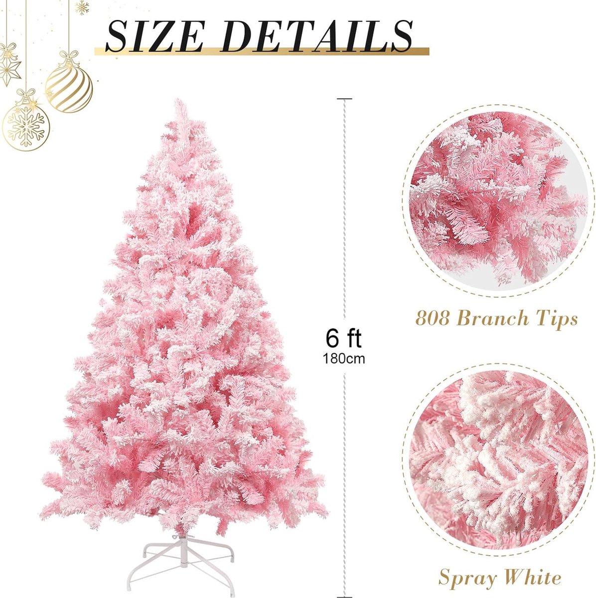 Roze bevlokte kerstboom 180 cm met sneeuwvlokken en stabiele basis