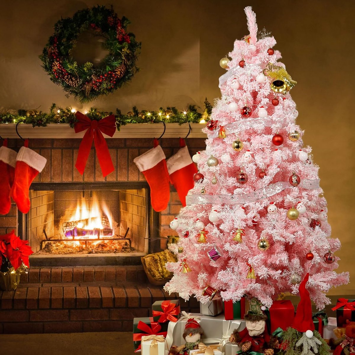 Roze bevlokte kerstboom 180 cm met sneeuwvlokken en stabiele basis
