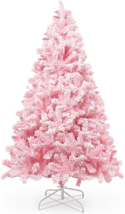 Roze bevlokte kerstboom 180 cm met sneeuwvlokken en stabiele basis