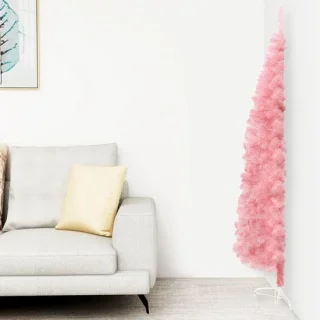 Roze dunne halve kunstkerstboom 240 cm met standaard