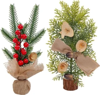 Set van 2 mini kunstkerstbomen 25,5 cm met houten basis