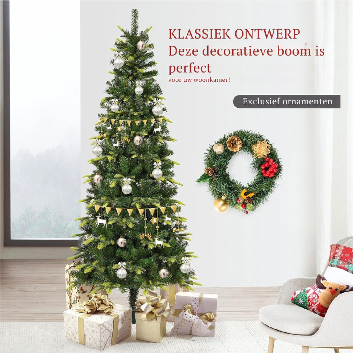 Slanke Kunst Kerstboom 1,5 M met PE-Bladeren en Kunstpotlood - 350 Takken