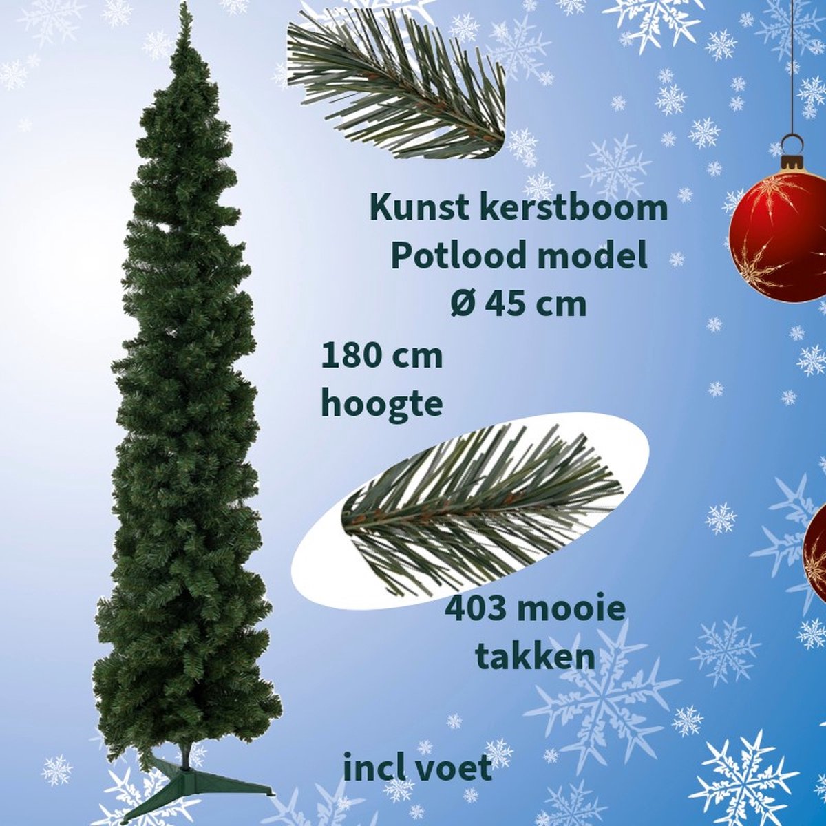 Smalle Kunstkerstboom 180 cm Potloodmodel Inclusief Voet