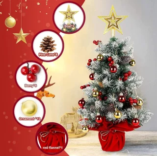 SnelShoppen - Mini Kerstboom 60cm Kunstkerstboom Tafeldecoratie met Rode Bessen Dennenappel Ster voor Kerstmis Thuis of Kantoor