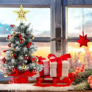 SnelShoppen - Mini Kerstboom 60cm Kunstkerstboom Tafeldecoratie met Rode Bessen Dennenappel Ster voor Kerstmis Thuis of Kantoor
