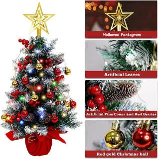 SnelShoppen - Mini Kerstboom 60cm Kunstkerstboom Tafeldecoratie met Rode Bessen Dennenappel Ster voor Kerstmis Thuis of Kantoor