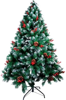 SnelShoppen - Natuurlijke groene kerstboom 120 cm met sneeuw en rode bessen, 270 takken