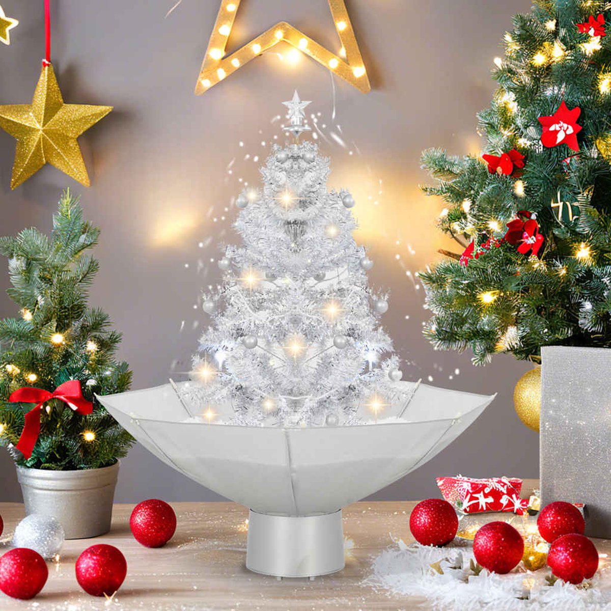 The Living Store Kerstboom sneeuwend wit 75 cm paraplubasis