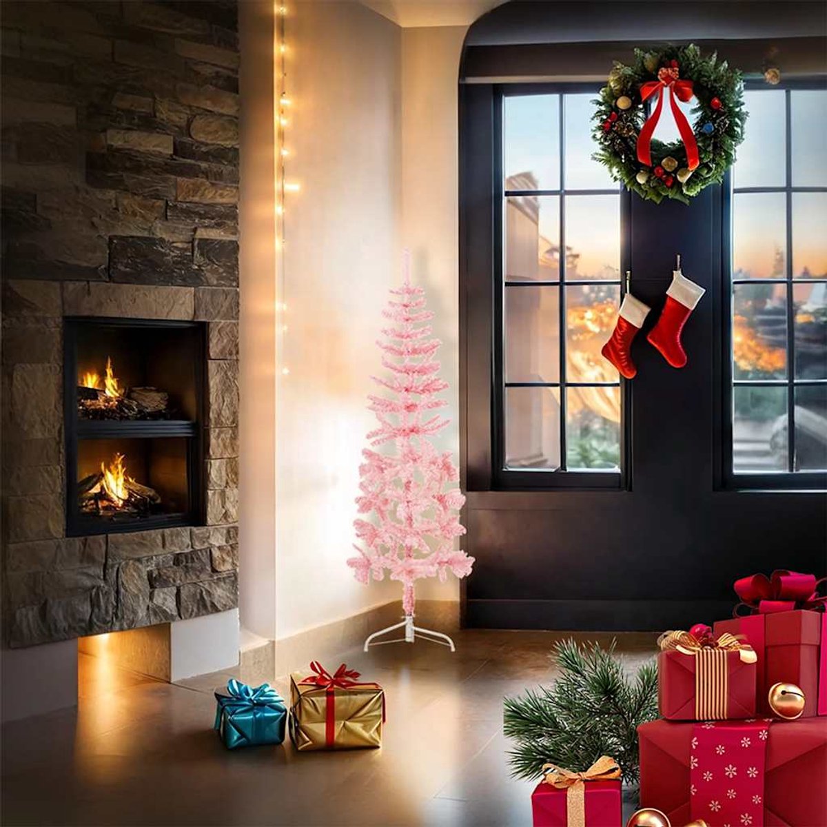 The Living Store Kunstkerstboom half 120 cm roze
