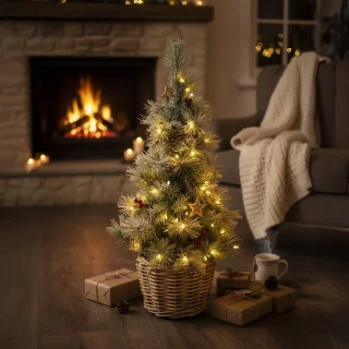 Vancouver Kunstkerstboom H90 cm in rotan mand D27xH20 cm