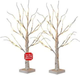 Verlichte kerstbomen warm wit 2-delige set met berkeneffect
