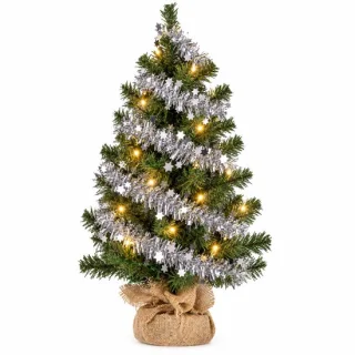 Verlichte kunst kerstboom met folieslinger in jute zak, 60 cm, zilver