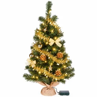 Verlichte kunstkerstboom met gouden decoratie en slinger - 75 cm