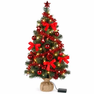 Verlichte kunstkerstboom met kerstversiering - 75 cm - rood