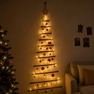 vidaXL hangende kerstboom met ballen, 150 cm, 80 led's, warmwit