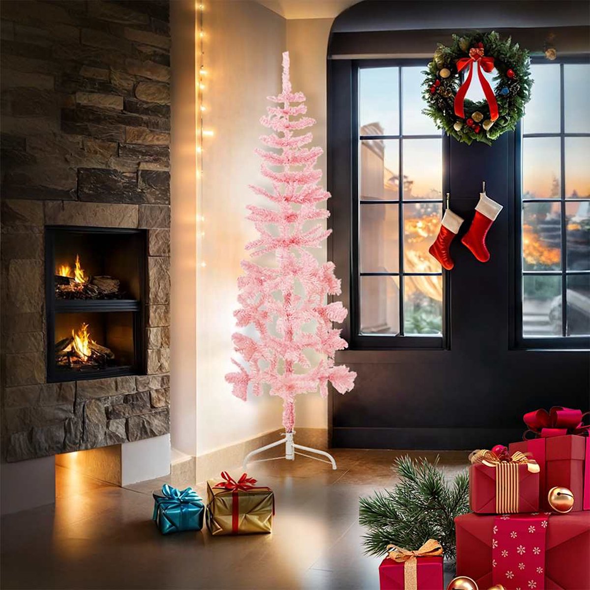 vidaXL Kunstkerstboom Half Smal 180 cm Roze