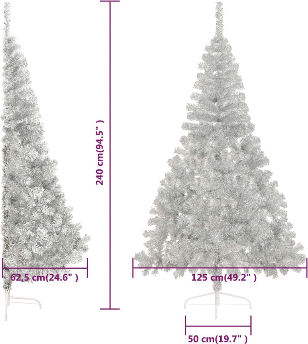 vidaXL Kunstkerstboom Halve Zilverkleurig 240 cm met Standaard