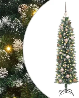 vidaXL Kunstmatige slanke kerstboom groen en wit 150 cm