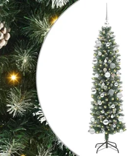 vidaXL Kunstmatige slanke kerstboom groen en wit 150 cm