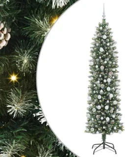 vidaXL Kunstmatige slanke kerstboom groen en wit 210 cm