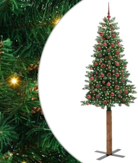 vidaXL Slanke kerstboom van pvc en massief dennenhout - 210 cm