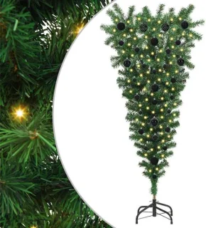 vidaXL Upside-down kunstkerstboom met ballen set groen 120 cm PVC
