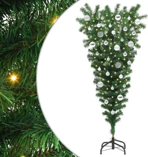 vidaXL Upside-down kunstkerstboom met ballen set groen 150 cm pvc