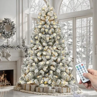 Voorverlichte kunstkerstboom met sneeuwvlokken, 182 cm