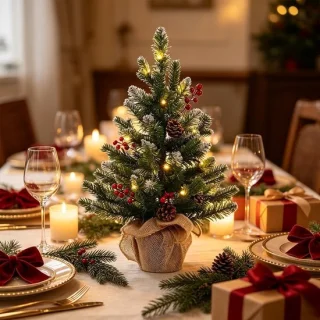 Witte mini-kerstboom 55 cm met LED-verlichting en decoratie