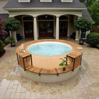 Whirlpool Omranding – Weerbestendige Pool Border van Polyrattan & Acaciahout, 273 x 53 cm, Beige, Luxe Jacuzzi & Spa Surround met Zitcomfort en Kussens, Poedergecoat Stalen Frame HomeByNicole