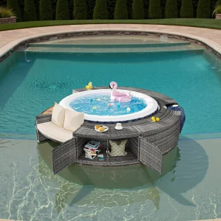 Rond Bubbelbad Omranding met Opbergruimte & Zitplaatsen – Poly Rattan & Hout Zwembadrand, Ø 283 cm, Modern Grijs, Poedergecoat Stalen Frame, Luxe Outdoor Spa Meubelset HomeByNicole